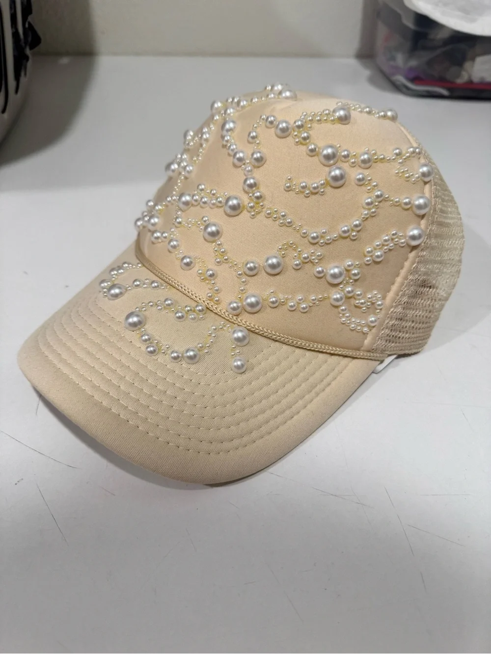 Pearl-Embellished Beige Baseball Cap - Women Accessories